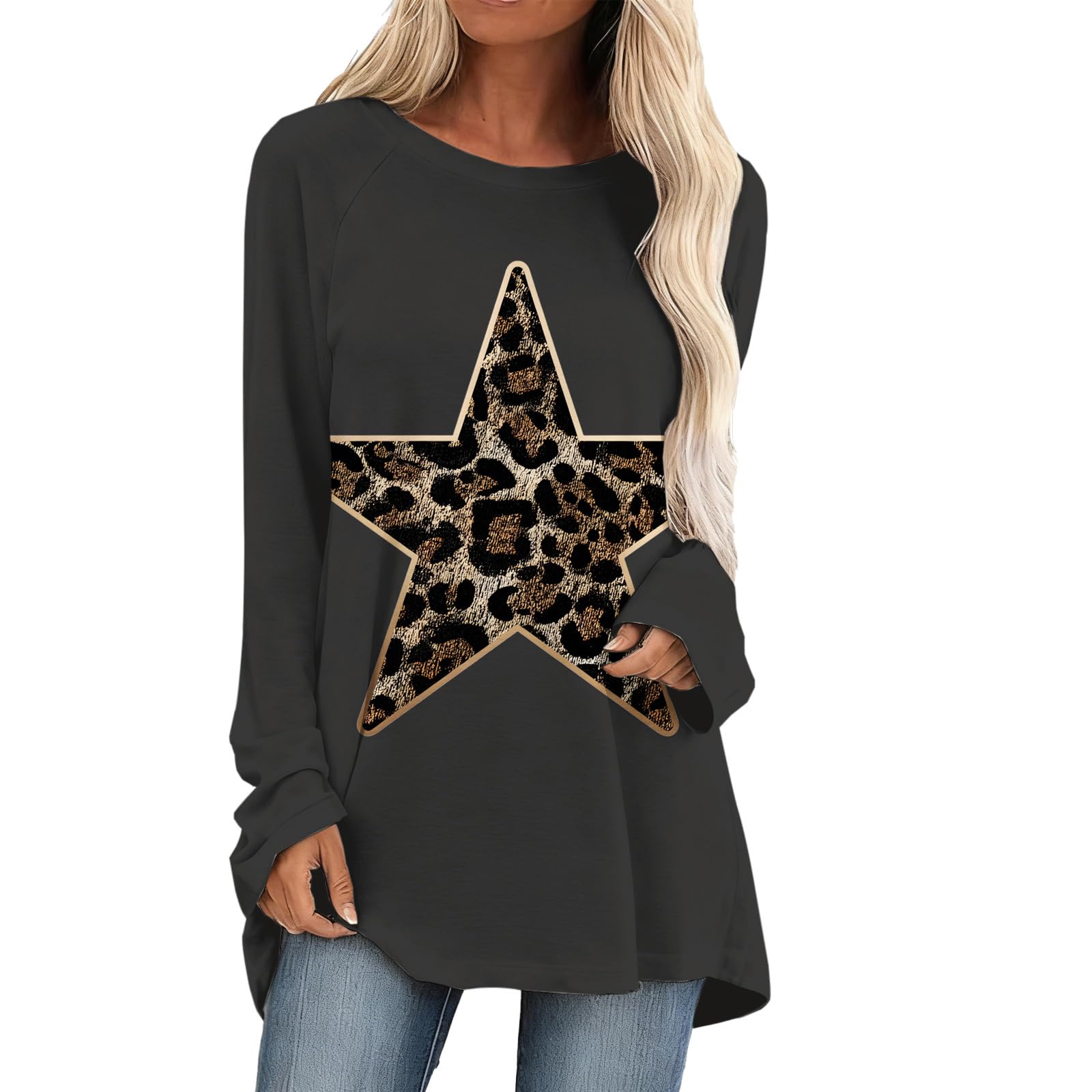 Leopard Print Tunic Tops for Women Fashion Casual Spring Summer Shirt Long Sleeve Crewneck Comfy Loose Pullover