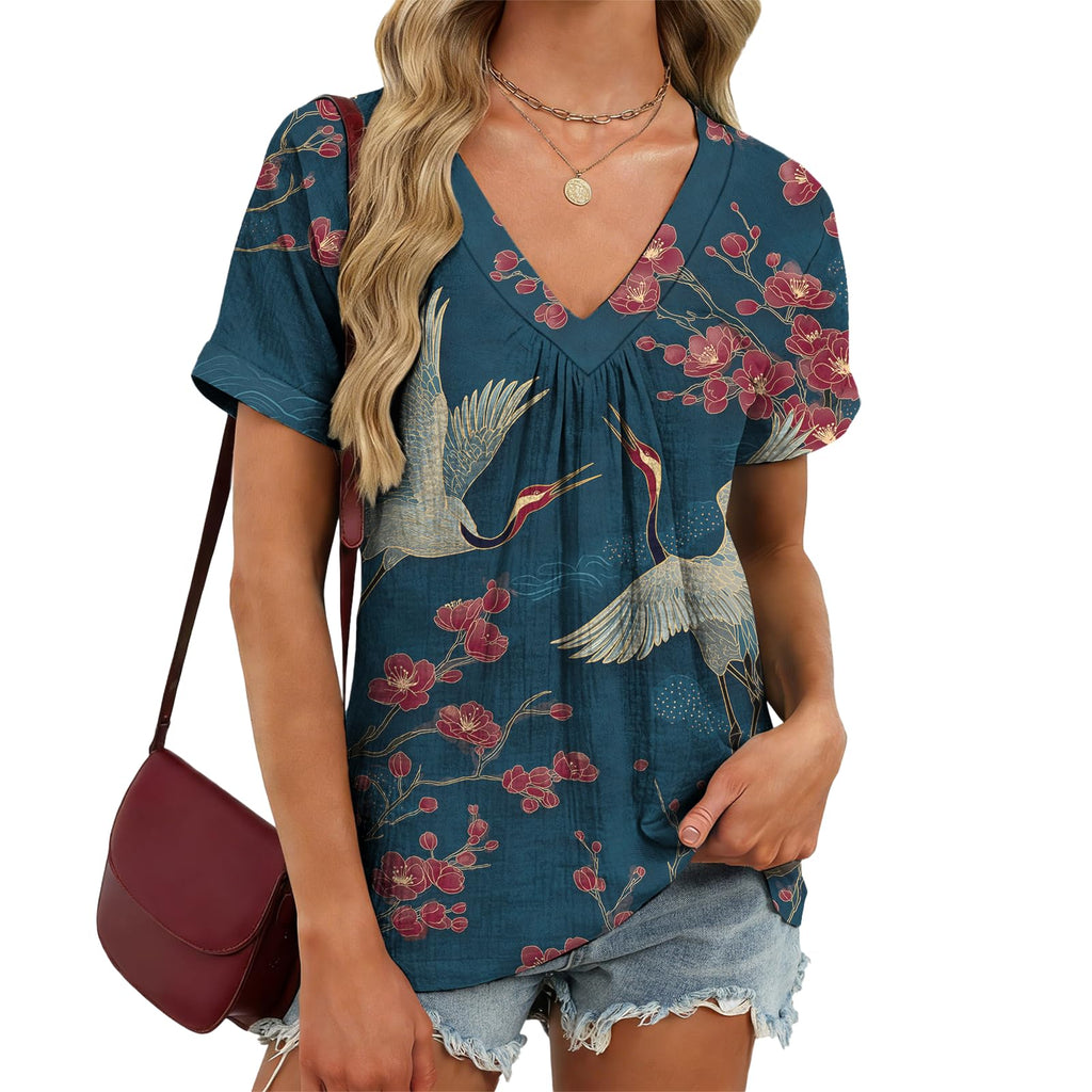 domirica V Neck Pleated Tunic Top for Women Short Sleeve Casual Blouse Summer Basic Tee Oversized T-Shirt Shirts