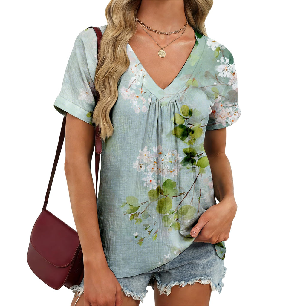 domirica V Neck Pleated Tunic Top for Women Short Sleeve Casual Blouse Summer Basic Tee Oversized T-Shirt Shirts