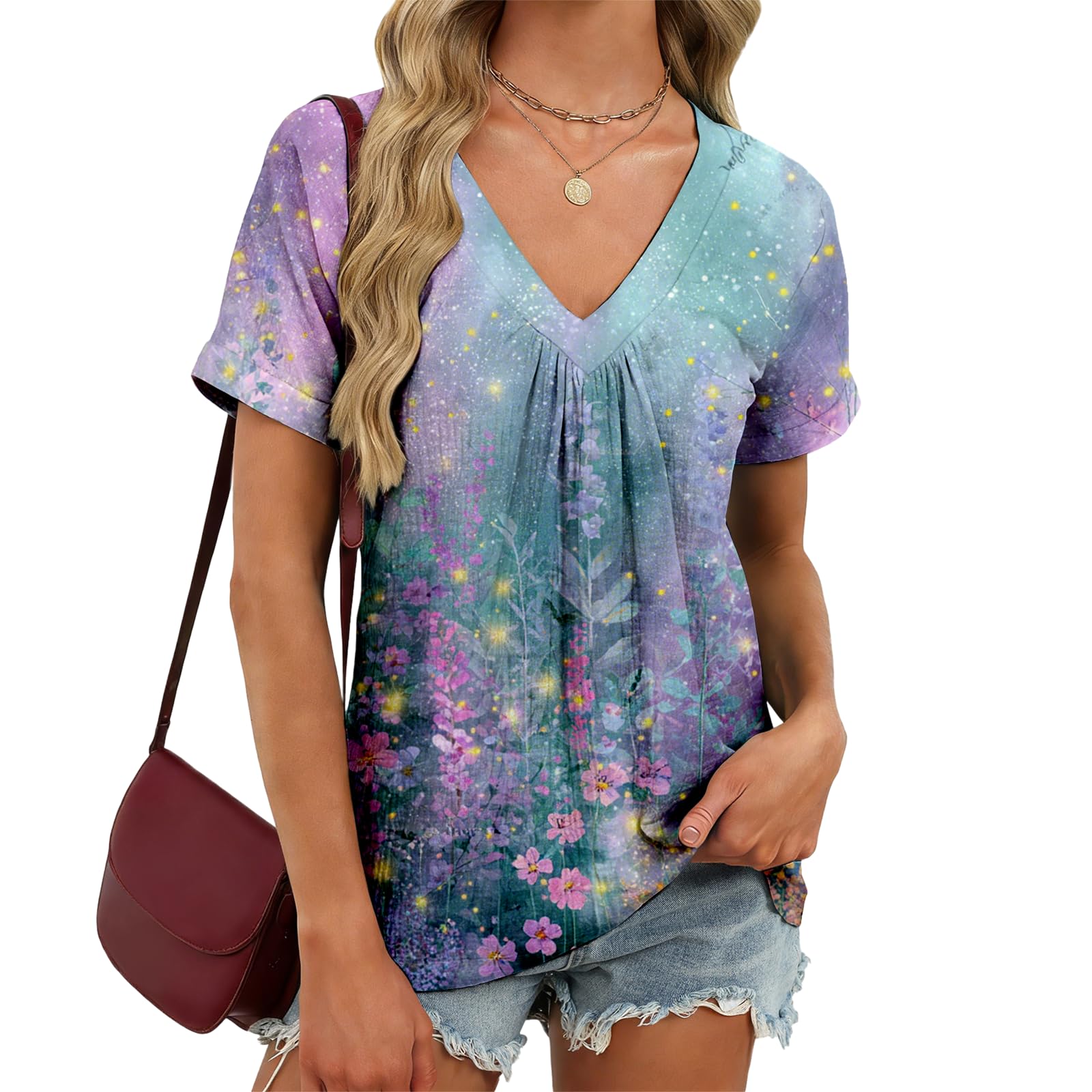 domirica V Neck Pleated Tunic Top for Women Short Sleeve Casual Blouse Summer Basic Tee Oversized T-Shirt Shirts