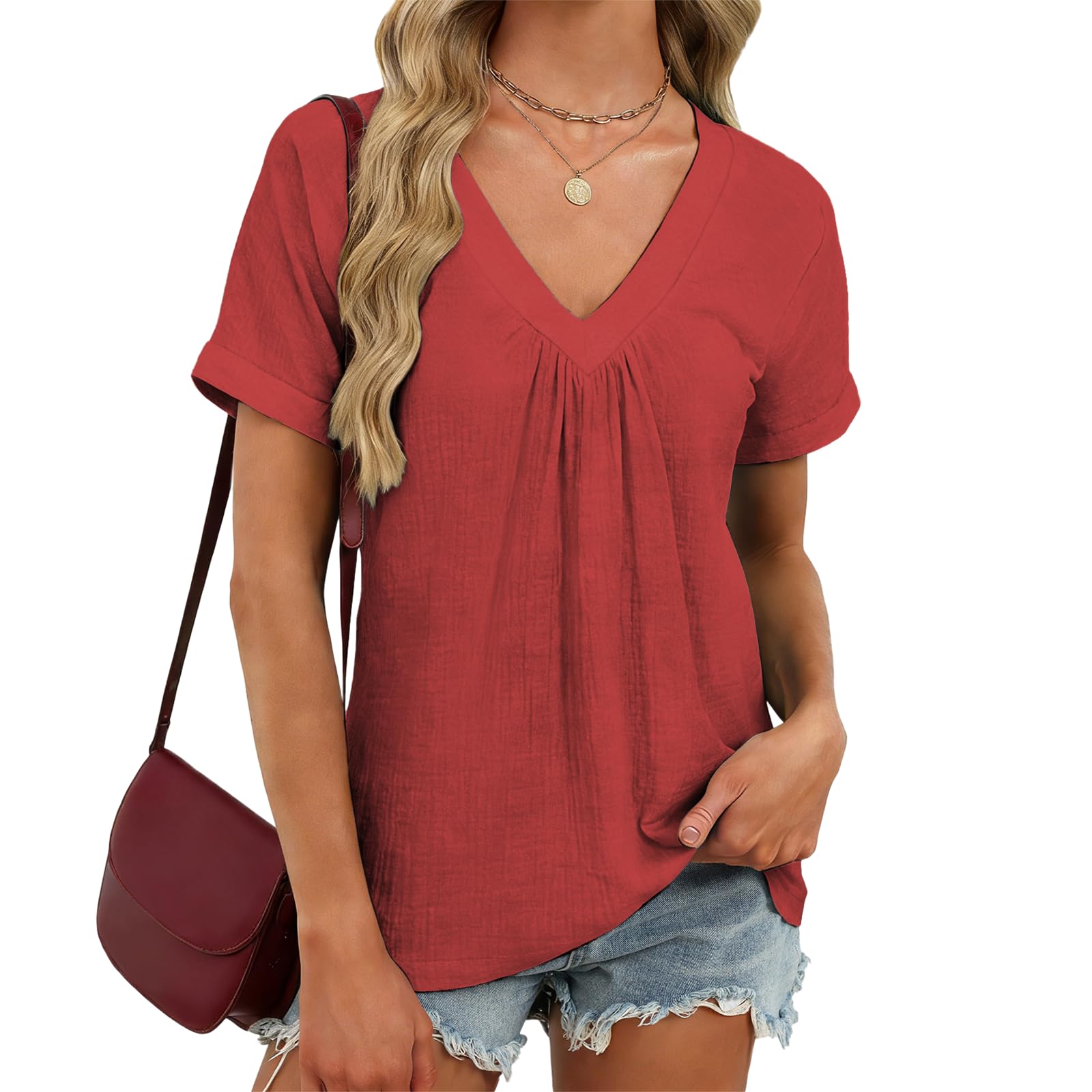 domirica V Neck Pleated Tunic Top for Women Short Sleeve Casual Blouse Summer Basic Tee Oversized T-Shirt Shirts