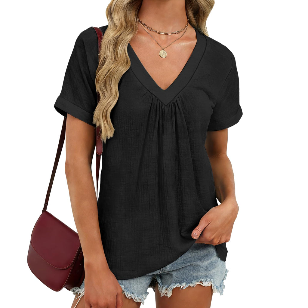 domirica V Neck Pleated Tunic Top for Women Short Sleeve Casual Blouse Summer Basic Tee Oversized T-Shirt Shirts