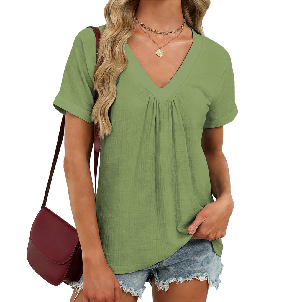 domirica V Neck Pleated Tunic Top for Women Short Sleeve Casual Blouse Summer Basic Tee Oversized T-Shirt Shirts