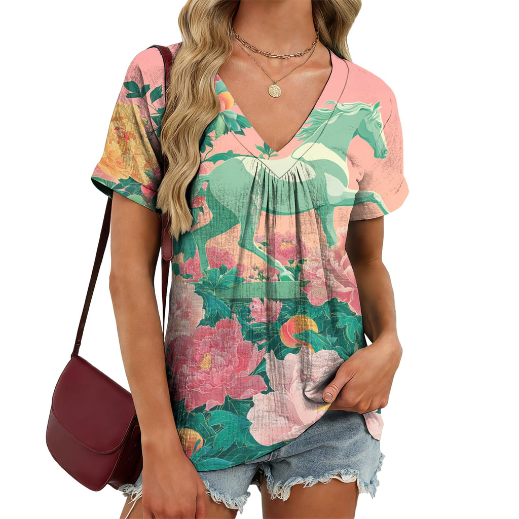 domirica V Neck Pleated Tunic Top for Women Short Sleeve Casual Blouse Summer Basic Tee Oversized T-Shirt Shirts