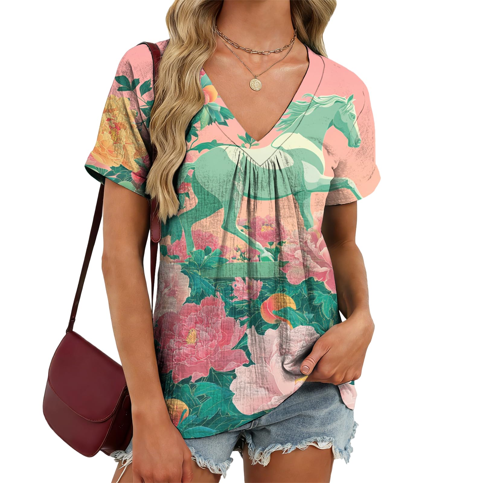 domirica V Neck Pleated Tunic Top for Women Short Sleeve Casual Blouse Summer Basic Tee Oversized T-Shirt Shirts