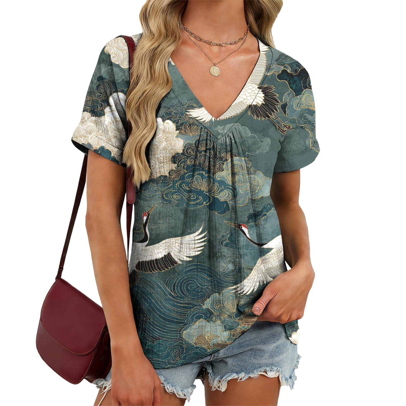 domirica V Neck Pleated Tunic Top for Women Short Sleeve Casual Blouse Summer Basic Tee Oversized T-Shirt Shirts