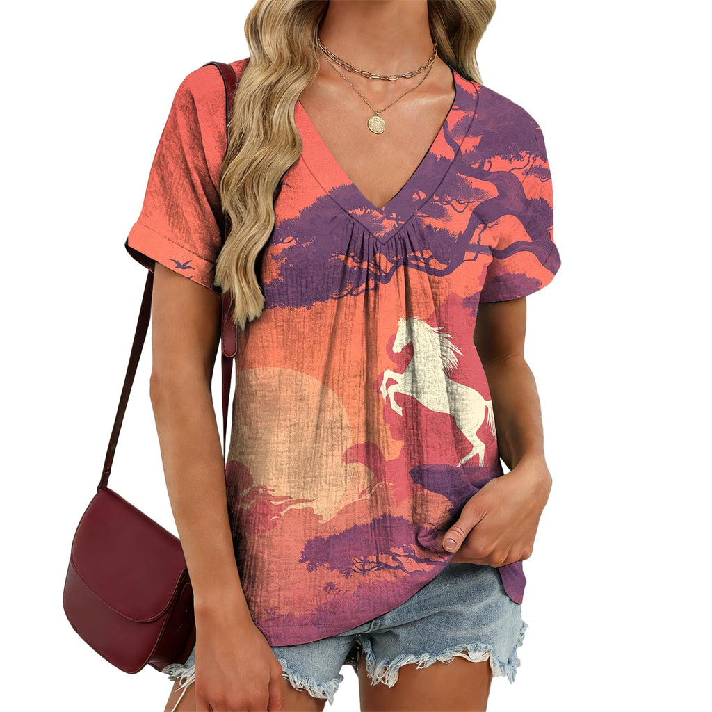 domirica V Neck Pleated Tunic Top for Women Short Sleeve Casual Blouse Summer Basic Tee Oversized T-Shirt Shirts