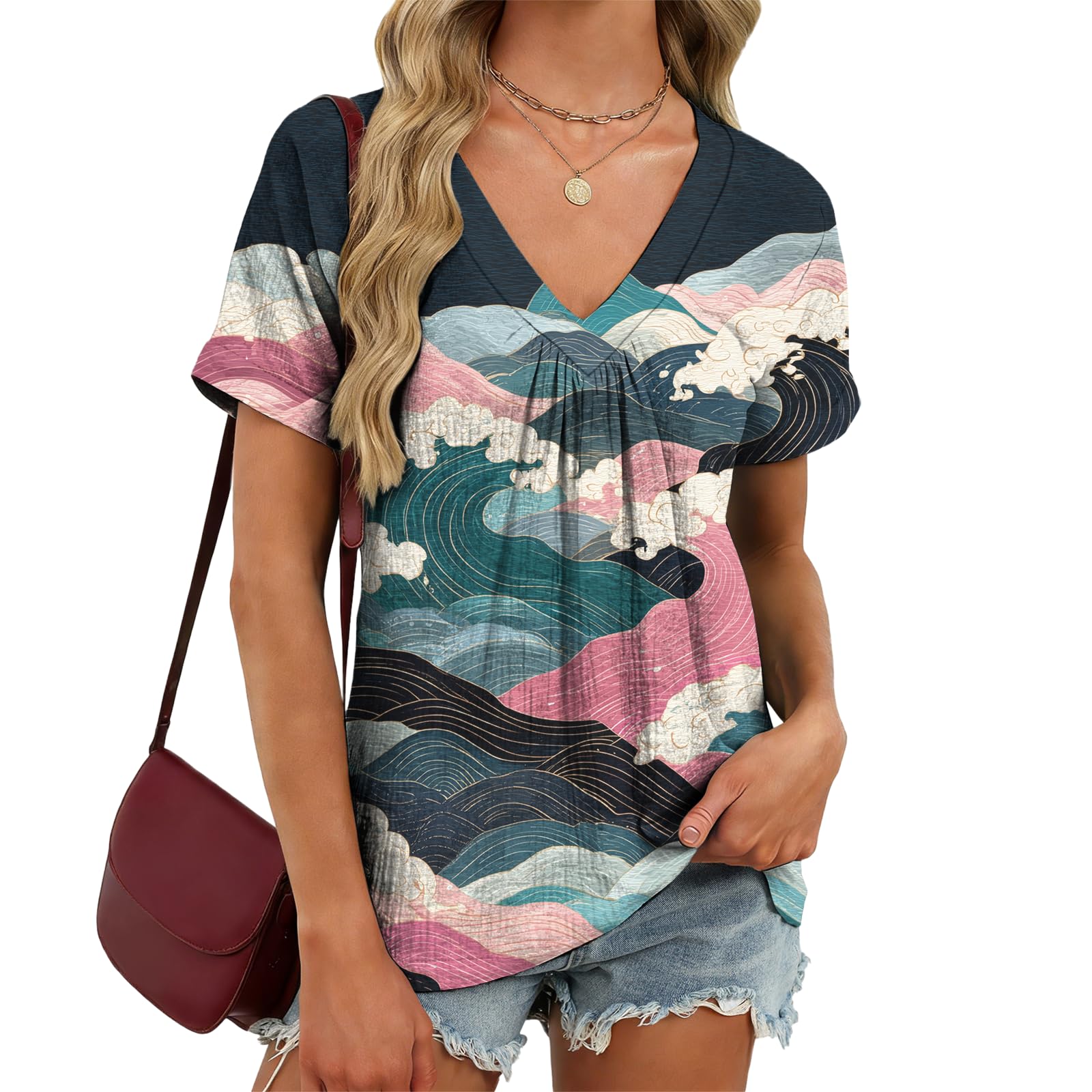 domirica V Neck Pleated Tunic Top for Women Short Sleeve Casual Blouse Summer Basic Tee Oversized T-Shirt Shirts
