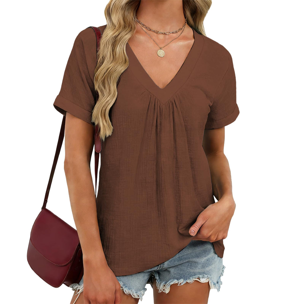 domirica V Neck Pleated Tunic Top for Women Short Sleeve Casual Blouse Summer Basic Tee Oversized T-Shirt Shirts