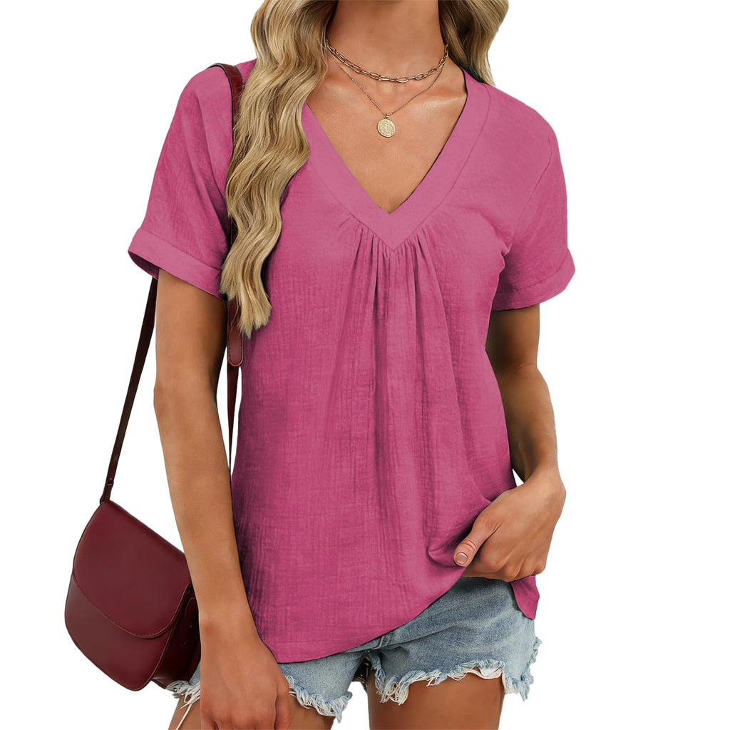 domirica V Neck Pleated Tunic Top for Women Short Sleeve Casual Blouse Summer Basic Tee Oversized T-Shirt Shirts