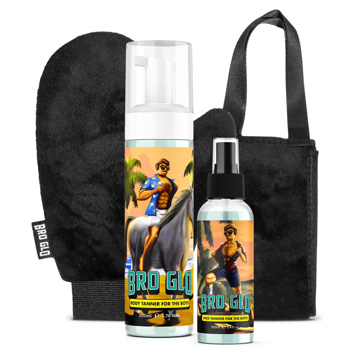 Bro Glo Self Tanner for The Boys - Starter Bundle - Easy Sunless Tan For Your Face & Body With Mitt Applicator - Oil Free Water Based for Faster Skin Drying - Natural Sun Kissed Bronze Color Perfect for Men - Gift Set (Starter Bundle)