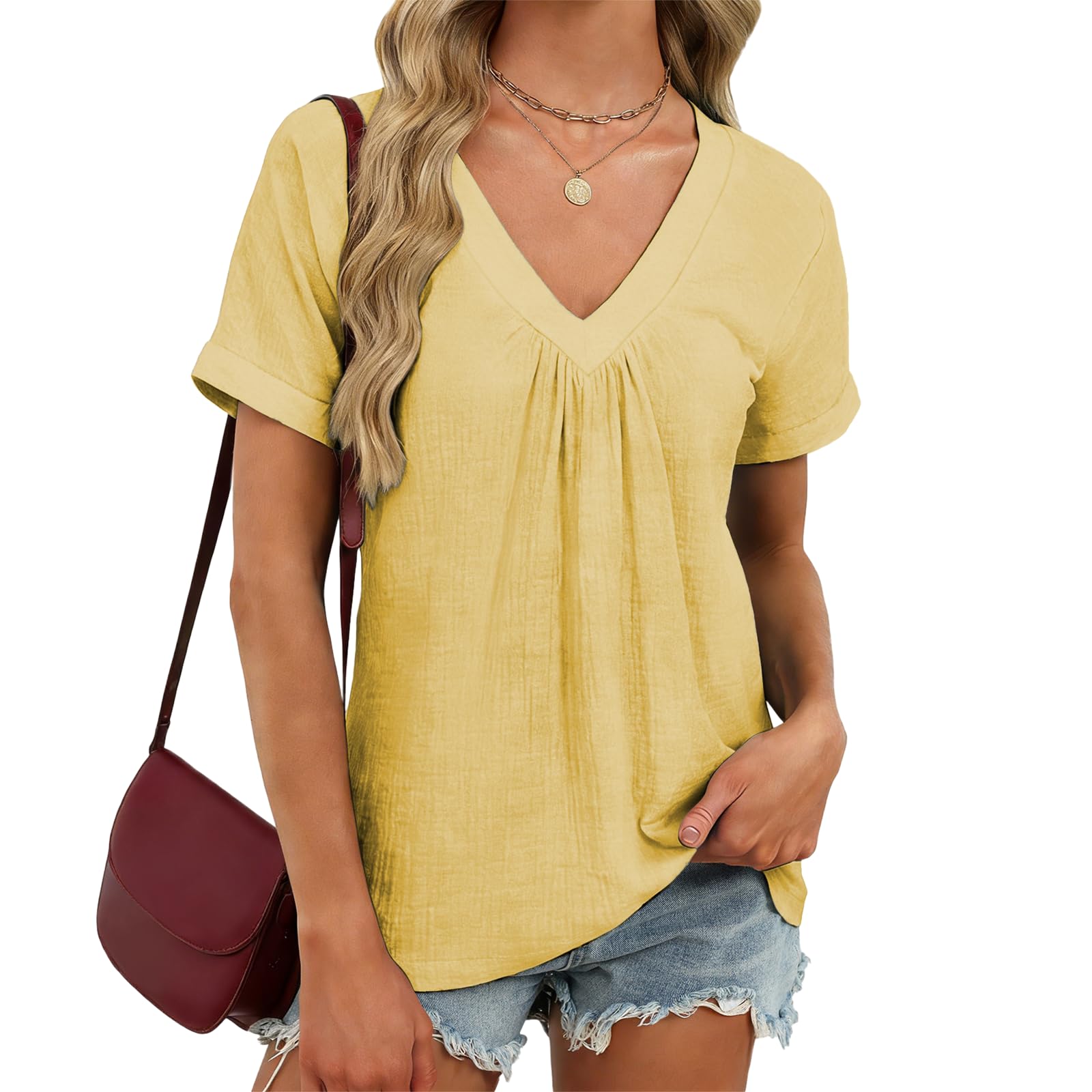 domirica V Neck Pleated Tunic Top for Women Short Sleeve Casual Blouse Summer Basic Tee Oversized T-Shirt Shirts
