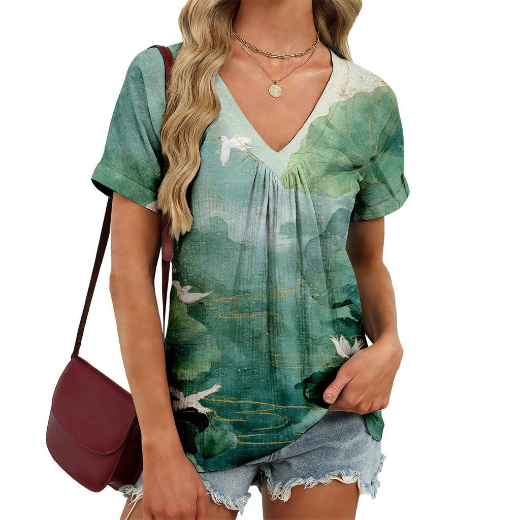 domirica V Neck Pleated Tunic Top for Women Short Sleeve Casual Blouse Summer Basic Tee Oversized T-Shirt Shirts