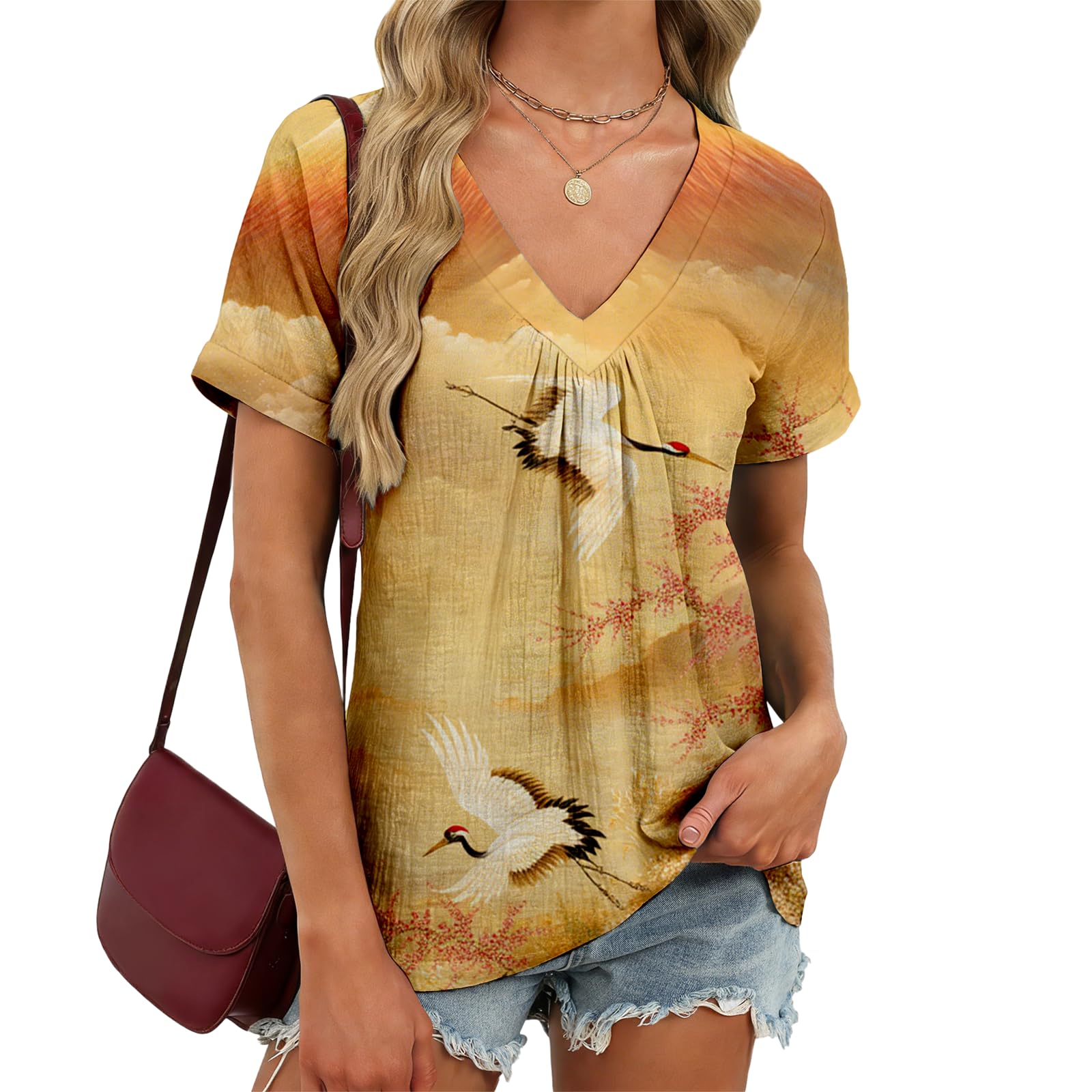 domirica V Neck Pleated Tunic Top for Women Short Sleeve Casual Blouse Summer Basic Tee Oversized T-Shirt Shirts