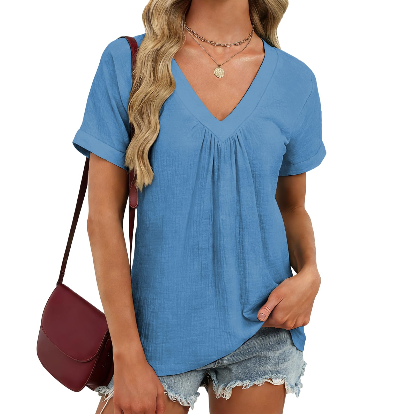domirica V Neck Pleated Tunic Top for Women Short Sleeve Casual Blouse Summer Basic Tee Oversized T-Shirt Shirts
