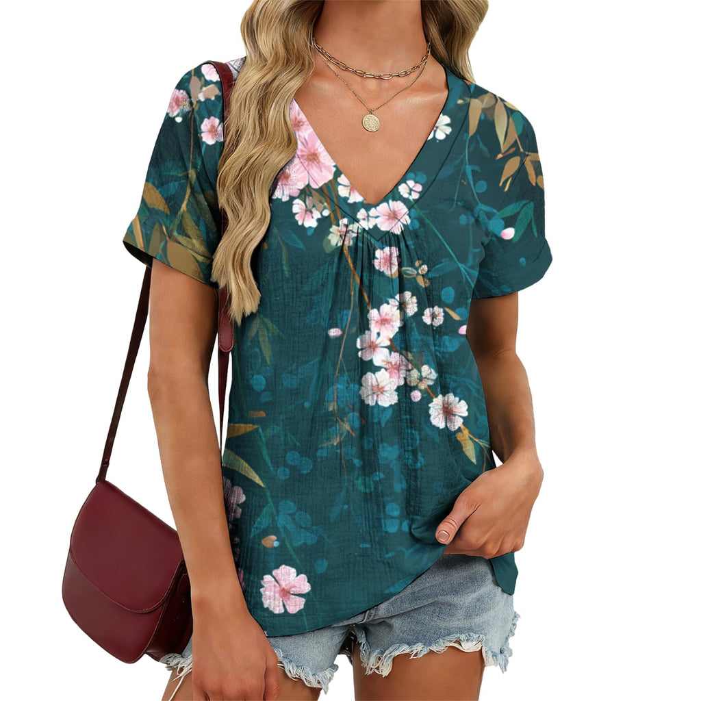 domirica V Neck Pleated Tunic Top for Women Short Sleeve Casual Blouse Summer Basic Tee Oversized T-Shirt Shirts