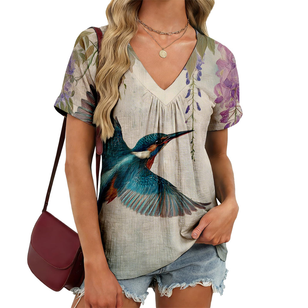 domirica V Neck Pleated Tunic Top for Women Short Sleeve Casual Blouse Summer Basic Tee Oversized T-Shirt Shirts