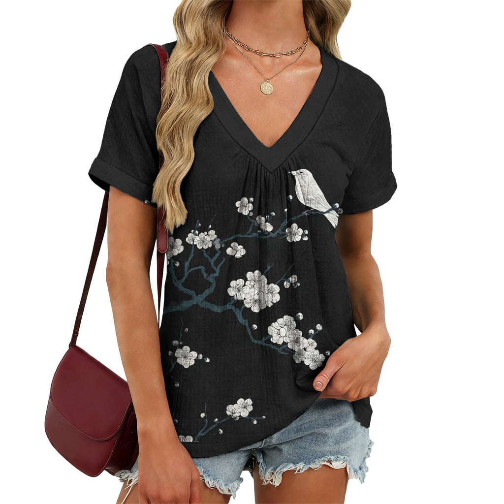 domirica V Neck Pleated Tunic Top for Women Short Sleeve Casual Blouse Summer Basic Tee Oversized T-Shirt Shirts