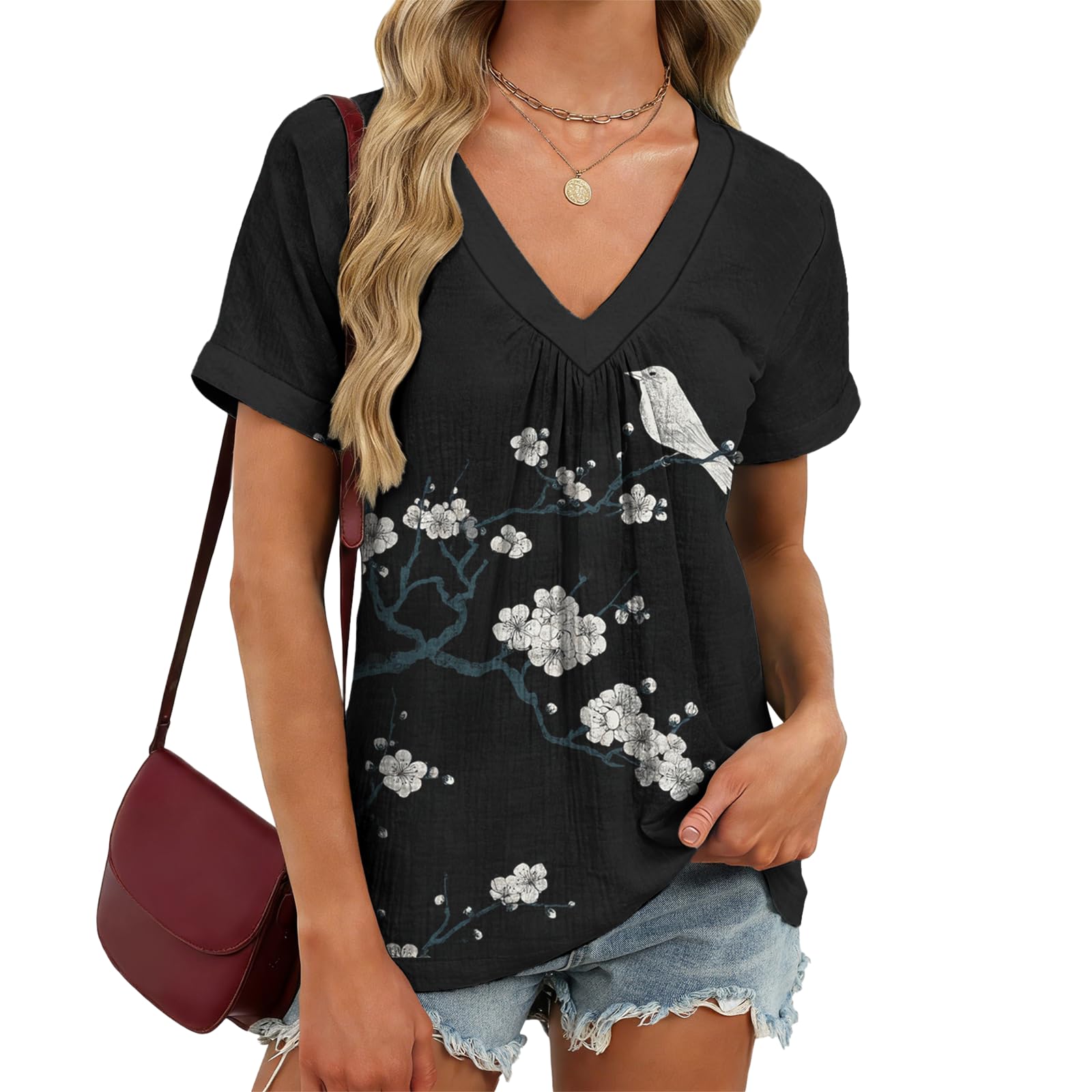 domirica V Neck Pleated Tunic Top for Women Short Sleeve Casual Blouse Summer Basic Tee Oversized T-Shirt Shirts