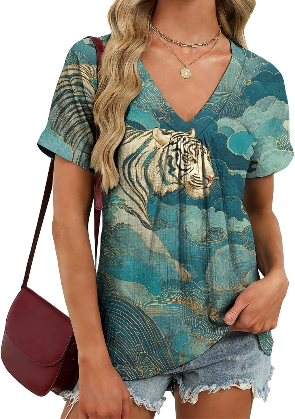 domirica V Neck Pleated Tunic Top for Women Short Sleeve Casual Blouse Summer Basic Tee Oversized T-Shirt Shirts