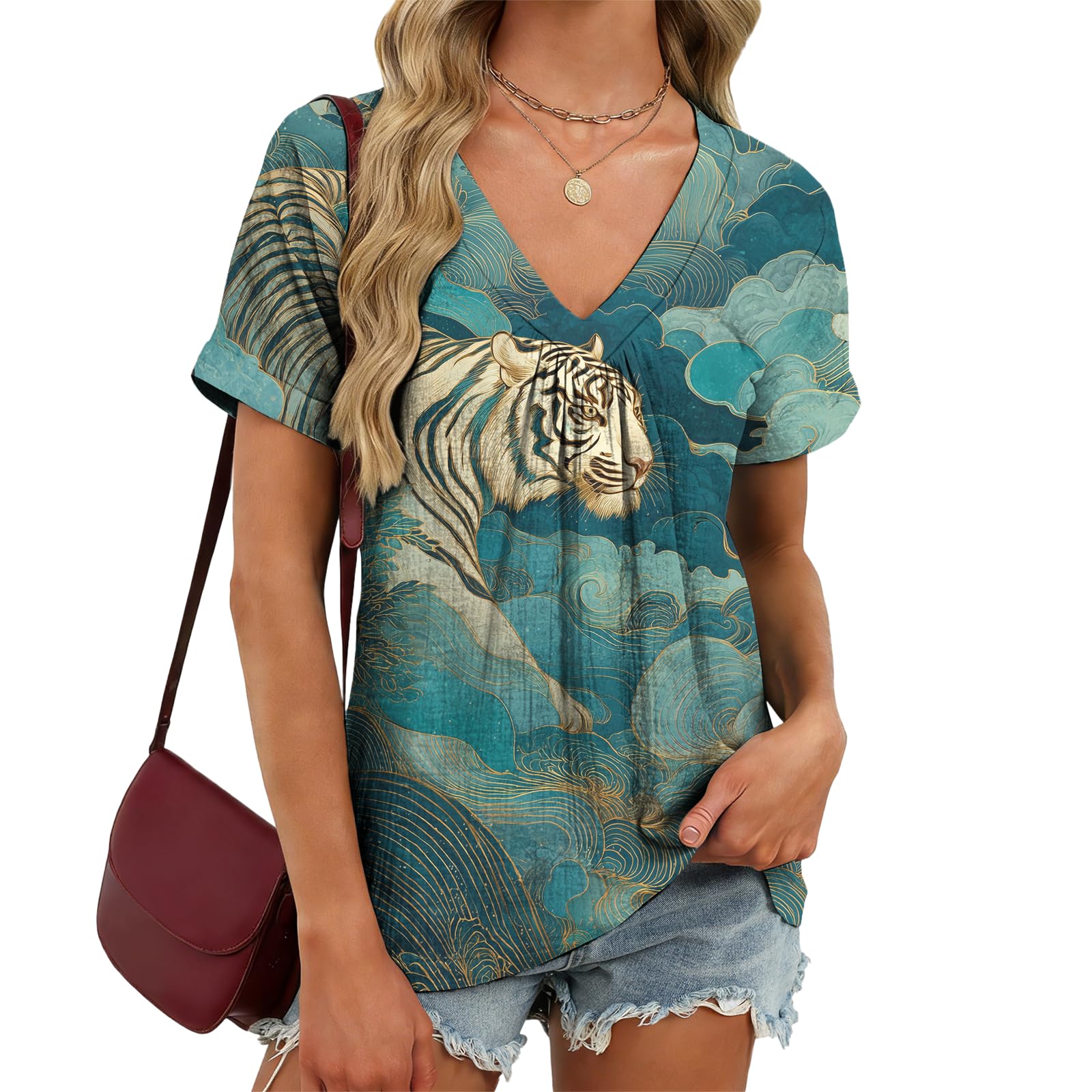 domirica V Neck Pleated Tunic Top for Women Short Sleeve Casual Blouse Summer Basic Tee Oversized T-Shirt Shirts