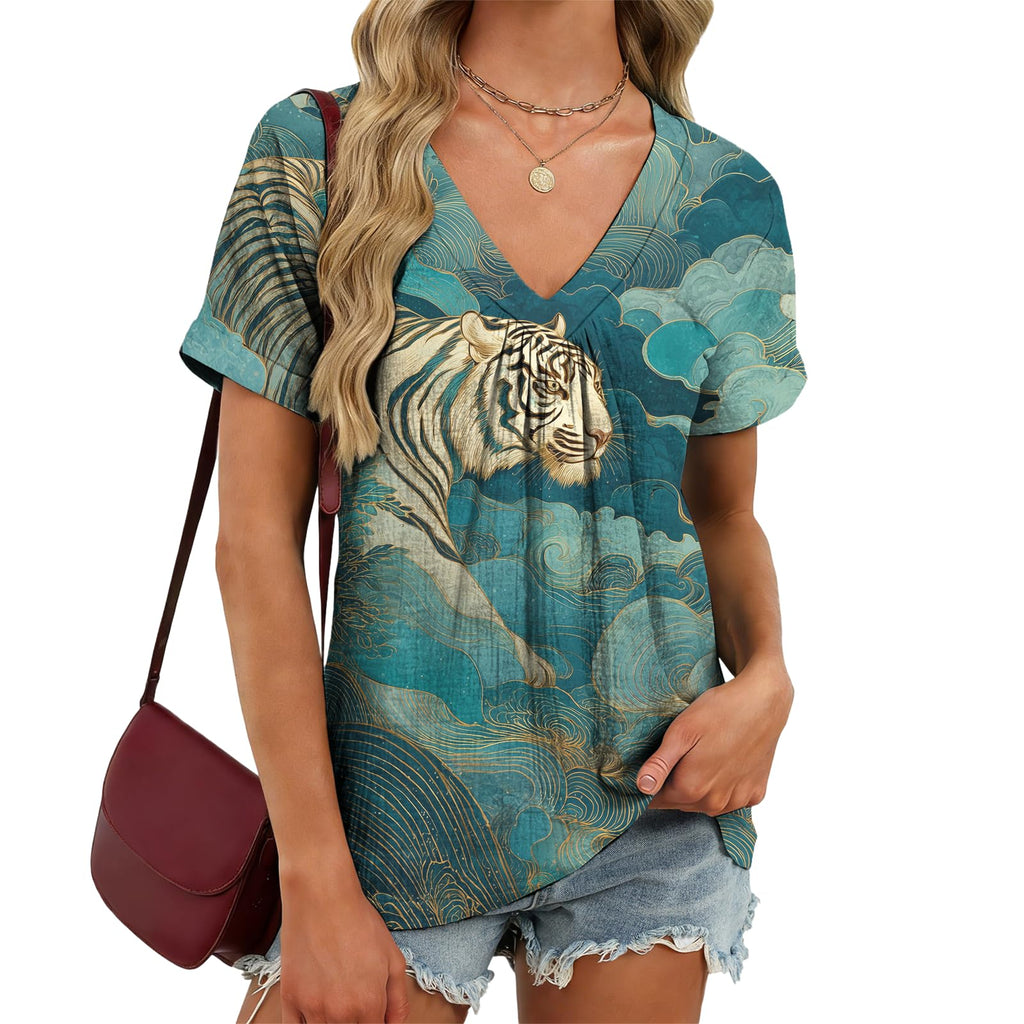 domirica V Neck Pleated Tunic Top for Women Short Sleeve Casual Blouse Summer Basic Tee Oversized T-Shirt Shirts