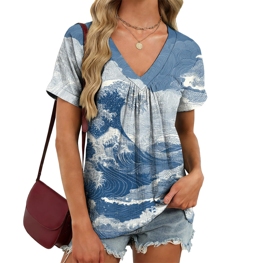 domirica V Neck Pleated Tunic Top for Women Short Sleeve Casual Blouse Summer Basic Tee Oversized T-Shirt Shirts